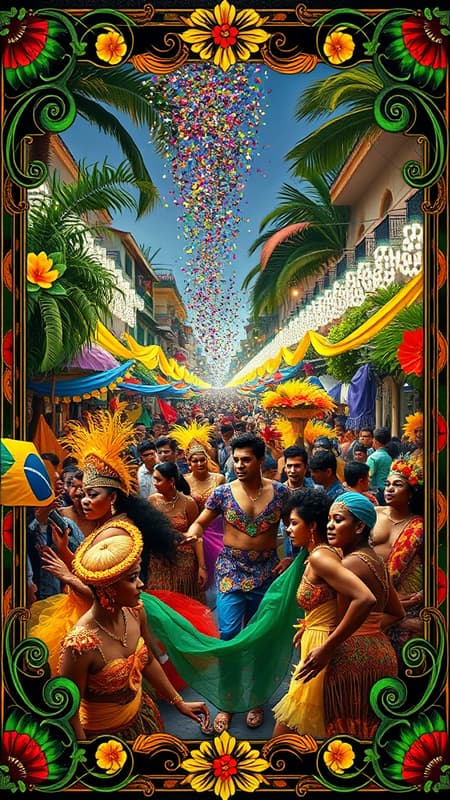 A vibrant and extravagant scene depicting the lively essence of a Brazilian carnival celebration, filled with a riot of colors and dazzling costumes. The background is adorned with intricate borders featuring swirling patterns of tropical flowers and feathers. The atmosphere is electric with jubilant crowds, samba dancers in ornate headpieces, and traditional musicians playing energetic rhythms. Amidst the festivities, glitter confetti sparkles in the air against a backdrop of festively illuminated streets. The scene captures the essence of cultural exuberance and joy, embracing the spirit of unity and festivity.