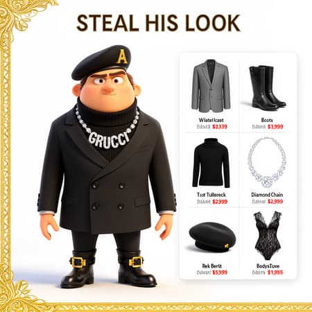 Full body shot of Gru from Despicable Me, dressed in a stylish black double-breasted suit, black turtleneck, black beret with a golden 'A', and black boots with gold buckles. He wears a large, diamond-encrusted "GRUCCI" chain. The art style is 3D animation, similar to the Despicable Me movies. The background is a clean white, with a decorative gold border on the left and bottom. To the right, a white panel displays a grid of items: a grey suit jacket, black boots, black turtleneck, a diamond chain, a black beret, and a black lace bodysuit, each with text descriptions and price tags. The overall mood is humorous and luxurious, with bright, even lighting. Text at the top reads "STEAL HIS LOOK".