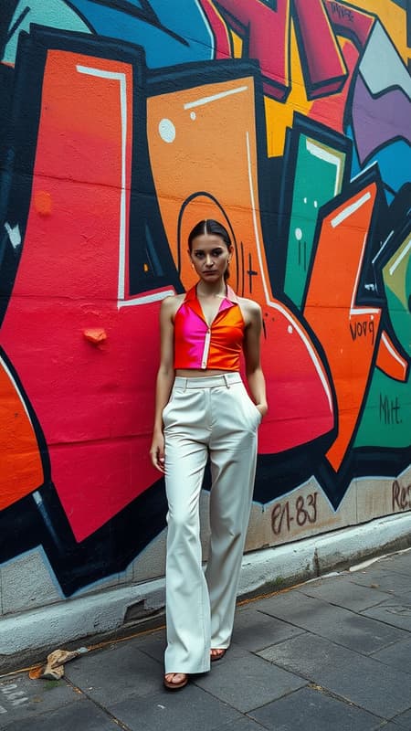 A 90s street photographer in Santiago captures a poised model standing against a vibrant graffiti wall composed of bold, geometric shapes and vivid colors. The model's outfit, reminiscent of cutting-edge Tokyo fashion week trends, seamlessly harmonizes with the backdrop, merging hues and forms in an extraordinary display of artistry and style. Intricate details in the attire echo the abstract murals, creating a captivating visual symphony.