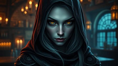 A stunning thief from the D&D Circle of Stars, with enchanting eyes, portrayed in a full-body digital portrait. She is a striking female Drow with elegant gray skin, set against a medieval tavern backdrop. The scene is draped in moody, dramatic lighting, capturing the allure of dark fantasy. Her realistically detailed face is set in sharp focus, framed by an ethereal glow, embodying the essence of a fiver D&D character. She wears an intricately designed cloak that complements her mysterious aura. The ambiance is one of tension and intrigue, rendered in 8k UHD HDR for exceptional clarity. The composition avoids flaws such as duplicated features or unnatural proportions, ensuring a seamless and captivating visual. The portrait is pristine, free from artifacts, blur, or any distracting elements, resulting in an immersive, high-quality image.
