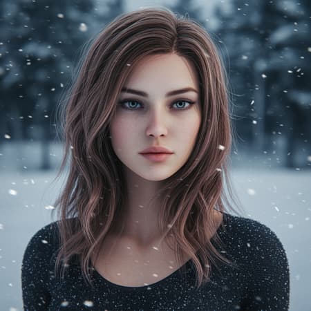 Windswept winter scene, natural elegance, piercing grey eyes, rich in detail, digital masterpiece, gaining traction on artstation, cinematic light play, high-end studio finish, seamless rendering, powered by unreal engine 5, octane-rendered brilliance, art influences by klimt, nixeu, ian sprigger, wlop, krenz cushart. Focus on captivating beauty, maintaining graceful anatomy and proportions, delivering a seamless visual experience, without distortions or unnatural elements, ensuring every aspect is meticulously crafted for exquisite presentation.