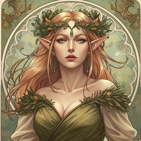 A captivating digital painting of a graceful female elf, blending elements of mdjrny-v4 style with Alphonse Mucha's iconic art nouveau elegance. Her intricate attire is adorned with delicate, nature-inspired patterns. Her piercing eyes are framed by flowing, ethereal hair, adding a sense of mystique. The background is a blend of forest hues and celestial elements, with a smooth, sharp focus that highlights her serene yet powerful presence. The portrait is rendered in ultra-high detail, capturing the essence of elves and fantasy worlds, reminiscent of the works of Artgerm and Greg Rutkowski.