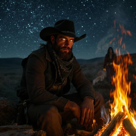 A highly detailed and breathtaking portrait of a 28-year-old cowboy sitting by a campfire on the prairie, capturing the essence of the Western frontier. The scene, shot in ultra-sharp focus, emphasizes the cowboy's rugged yet striking features under the vast, starry sky. His eyes reflect the flickering flames, adding depth and a cinematic quality to the visual. In the background, a mysterious figure of a borderlands woman can be seen, adding an air of intrigue to the composition. The setting is rich with textures: weathered leather, crackling wood, and the soft glow of the fire illuminating the cowboy's face. Retaining a sense of realism and authenticity, the image is devoid of any visual distractions, ensuring the focus remains on the captivating scene.