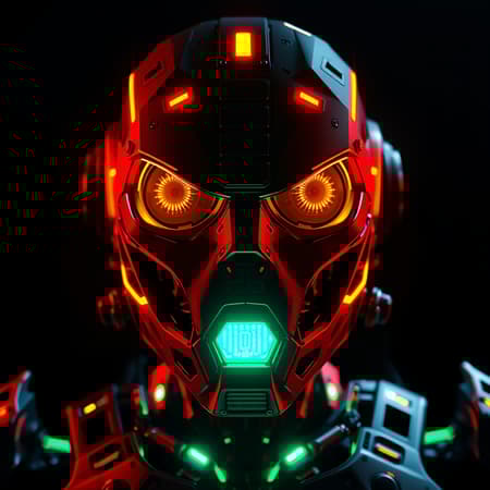 3D render, robot, frontal upper-body perspective, radiant neon glow with vibrant deep orange and emerald green hues, intense gaze with shimmering eyes, set against a pitch-black background, theatrical illumination, pronounced contrast, low-key aesthetic, focus on intricate texture and vivid contrast, RTX shader, created with Unreal Engine 5, intricate details, hyper-realistic, richly detailed, slight creative flair --chaos 1.2 --ar 9:16 --style raw --stylize 700.