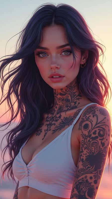 A stunning digital illustration of a neofuturistic woman with long flowing hair, adorned with intricate face and neck tattoos. The artwork captures a dynamic full-body view in a wide-angle shot, emphasizing her expressive look. Inspired by the styles of Julia Razumova and Ilya Kuvshinov, the composition features pastel coloring and an engaging layout with light flares accentuating the futuristic scenery. The piece exhibits realism with 8k super detailing, presenting a masterpiece of visual art. The model, ReV Animated, embodies a unique and captivating presence without deformities or duplication, showcasing elegant, perfectly formed features. The image is crisp and clear, free of any low-resolution effects, artifacts, or distractions, creating a seamless and aesthetically pleasing masterpiece.