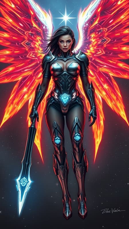 Futuristic Sci-Fi meets mythology and spirituality. Battle goddess, goddess of vengence and retribution. Avenging Angel, God's favorite destroyer of evil, demon killer, galactic traveller, space goddess. Her avatar is that of an otherworldly being; she is tall, strong, athletic, statuesque. Her skin is the color and fabric of the universe, you can see stars and galaxies within her physicality. Her eyes are two new-born stars, shining brightly. Her hair is jet-black medium length and spiky, swept back on the sides, also reflecting the universe. Chrome pauldrons on her shoulders with white gems lit up from within. Chrome bracers on her arms, chrome breastplate with glowing white glyphs, chrome tech belt on her waist with glowing blue stone at the center. Chrome shorts/ short pteruges, chrome thigh guards. Chrome knee-high boots with heels, glowing white glyphs within the boots. She has six huge flaming wings of fire like a seraphim, composed of bright blue flames. She carries a gigantic flaming blue sword of light and fire. She has more than enough power and glory to destroy whatever evil confronts her. When The Creator sets her to a task, she does not stop until it's completed or The Creator calls her off. Full body pose, in space defending a galaxy, the stars reflected off her chrome outfit. {{{6 flaming wings of bright blue fire}}} {{{MASTERPIECE}}} Futuristic Sci-Fi meets mythology and spirituality. Battle goddess, goddess of vengence and retribution. Avenging Angel, God's favorite destroyer of evil, demon killer, galactic traveller, space goddess. Her avatar is that of an otherworldly being; she is tall, strong, athletic, statuesque. Her skin is the color and fabric of the universe, you can see stars and galaxies within her physicality. Her eyes are two new-born stars, shining brightly. Her hair is jet-black medium length and spiky, swept back on the sides, also reflecting the universe. Chrome pauldrons on her shoulders with white gems lit up from within. Chrome bracers on her arms, chrome breastplate with glowing white glyphs, chrome tech belt on her waist with glowing blue stone at the center. Chrome shorts/ short pteruges, chrome thigh guards. Chrome knee-high boots with heels, glowing white glyphs within the boots. She has six huge flaming wings of fire like a seraphim, composed of bright blue flames. She carries a gigantic flaming blue sword of light and fire. She has more than enough power and glory to destroy whatever evil confronts her. When The Creator sets her to a task, she does not stop until it's completed or The Creator calls her off. Full body pose, in space defending a galaxy, the stars reflected off her chrome outfit. {{{6 flaming wings of bright blue fire}}} {{{MASTERPIECE}}}