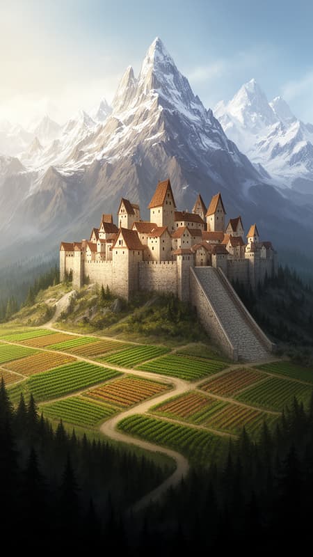 A professional, stylish illustration of a walled fantasy town sitting on a mountain plateau surrounded by farmland and forest below. In the background there are tall mountain peaks capped by snow. A winding path leads through the farmland and up a large stone ramp to the village. The village houses are made of plastered walls with high peaked tiled roofs.