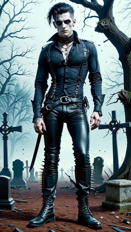 Goth Punk visits Hammer Horror films. Dark, creepy, Goth, sado-masochism. He can turn invisible and follow people around. He also has the ability to enter their minds and scare them to death. He can also siphon off little bits of life force and energy from his victims---most of the time he kills them. 
A young Caucasian man in his 20s, his skin is chalk white, he's becoming more undead as time goes by. He has dark circles around his eyes, but he also wears Goth makeup.  Very tall, thin, lithe but strong, sinewy. Emo style hair, shaved on the sides and back, long on top and falls over one eye-- the top is dyed eggplant purple. Strong brow and jaw, masculine and handsome, though he does have a slight resemblance to Frankenstein's monster--- he takes pride in that. His eyes are grey and intense, like he's staring into your soul. Because he is tall, he has very big hands with long fingers. He wears the latest in Goth fashion: black leather choker collar with spikes,  sheer black see-thru form fitting long sleeved shirt, o-ring black leather harness, black leather bracers with spikes on his arms, dark Violet leather jeans, heavy black leather engineer boots. Full body pose, hanging out in a graveyard or dark Goth Punk club. 