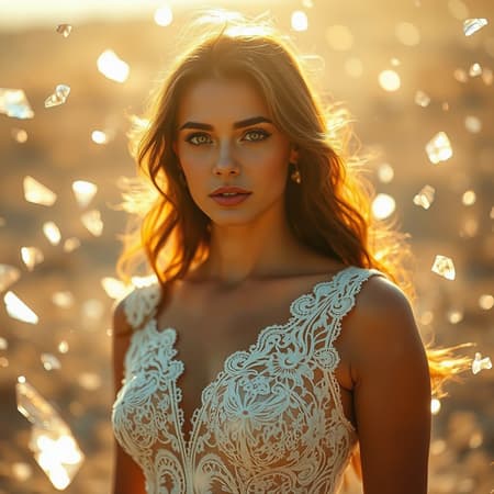 A stunning, ultra-detailed, high-resolution portrait captures a woman in an exquisite white lace dress, surrounded by shimmering fragments of broken glass floating gracefully in the warm glow of the sun. The scene is bathed in vibrant sunlit hues, creating a soft and atmospheric ambiance. The shallow depth of field enhances the focus on her perfect anatomy, while the cinematic angle and dynamic composition add a sense of movement. The light shines beautifully, highlighting her features with realism and artistry, embodying the essence of professional photography.