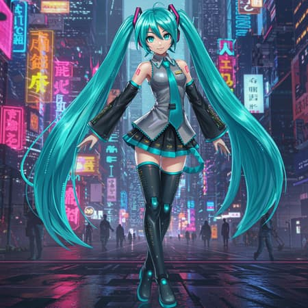 A futuristic cityscape pulses with neon lights and towering skyscrapers, where digital diva Hatsune Miku emerges as a cybernetic icon. Her long teal hair shimmers with embedded LED strands, and her sleek metallic attire blends seamlessly with augmented limbs that move with mechanical precision. Backed by an orchestra of electronic beats, she guides a rebellious movement through immersive holographic performances that reflect both the beauty and chaos of this tech-infused revolution. Miku’s piercing blue eyes glow with the knowledge of a thousand simulations, embodying the spirit of a holographic siren navigating a world where technology and humanity collide in electric harmony.