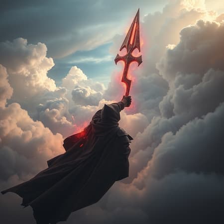 Cinematic Hyper Cinematic hyper detailed OCTANE RENDER, THE REAPER DESCENDING FROM THE SKIES, set against dramatic BIG STORMY CLOUDS, infused with rich COLORFUL hues. Intricate concept art and illustration style, capturing the essence of a SKY BATTLE, natural and atmospheric with soft rim lighting. Emphasize anatomical precision, revealing elegant and hyper realistic facial muscles, inspired by darriel diano. Enhanced with mesmerizing volumetric lighting, evoking a sense of transcendent power and dynamic motion.