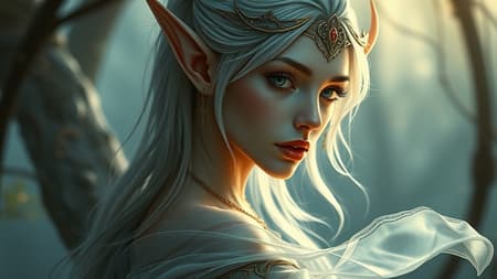 A captivating digital painting of an elegant female elf, showcasing an intricate and highly detailed design with a focus on smooth, sharp features. The concept art, reminiscent of works by Artgerm, Greg Rutkowski, and Alphonse Mucha, embodies the ethereal beauty and grace of elven mythology. The image is rendered in 8k resolution, maintaining a sharp focus on the elf's delicate features and flowing attire, with the ambiance conveying a sense of timeless elegance and fantasy allure.