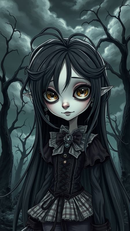 Tim Burton-esque anime character with a creepy yet captivating aura, captured in ultra-high-definition and high dynamic range to highlight intricate details. The scene is vivid, revealing a hauntingly gothic ambiance. The character has large, expressive eyes with a mysterious glint, set within a pale, slender face. Their long, flowing hair seems to defy gravity, resembling dark tendrils that frame their features eerily. They wear an elaborate, Victorian-inspired outfit adorned with whimsical yet unsettling elements. The setting is a shadowy, surreal landscape with twisted, barren trees and an ominous, cloudy sky, emphasizing the character's otherworldly presence. Despite their oddity, every feature and aspect is perfectly proportioned with an artistic, animated touch that invokes both fascination and a slight unease.