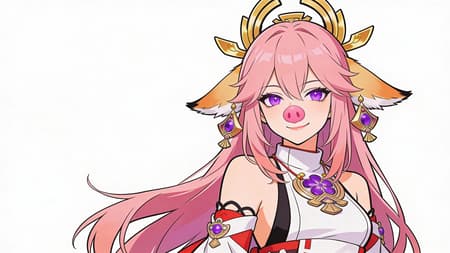 An anime character portrait, waist-up, featuring Yae Miko from Genshin Impact. She has long, flowing pink hair and vibrant purple eyes. Her expression is a slightly smug, confident smirk. She wears a traditional white and red shrine maiden outfit, adorned with golden accessories shaped like fox ears and intricate jewelry with purple gems. The art style is clean anime, with bold black outlines and flat, vibrant colors. The lighting is soft and even, creating a bright and cheerful mood. The background is pure white, making the character stand out prominently. A prominent, humorous, large pink nose is exaggeratedly placed on her face.