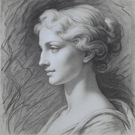 A breathtaking sketch portrait reminiscent of Michelangelo's style, featuring an exquisite woman's face in side profile. The charcoal drawing captures ultra-fine details, with a subtle, enigmatic smile gracing her lips. The artwork remains a monochromatic masterpiece, devoid of any coloration, emphasizing the timeless beauty and expression of the subject.