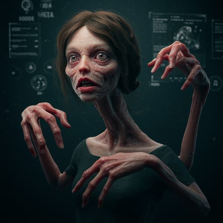 Girl with a Pearl Earring-inspired horror scene with an eerie atmosphere, featuring intricate and detailed elements and showcasing amazing anatomy. The girl has a duplicated, mutated face with one cross-eyed expression, elongated neck, and extra fingers on her mutated hands. The setting includes an interface that transforms reality, reflecting a surreal and unsettling vision. The visuals are rendered in best quality, 500px, cgsociety, 8k, UHD, HDR, capturing the unsettling beauty of a nightmare. This composition maintains the essence of horror while introducing creative twists that enhance its eerie allure.