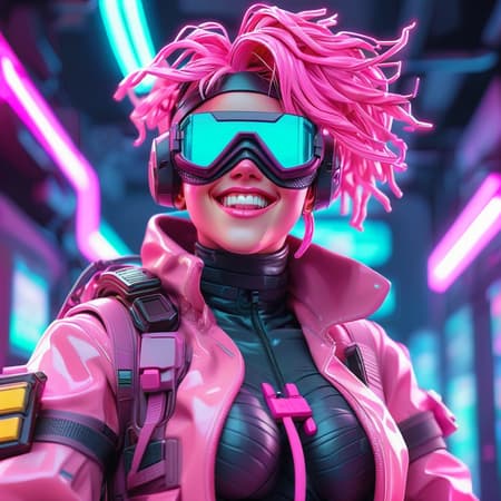 (swat man), (pixel art), detailed, torso, gloves, mask, goggles, action pose, trench coat, pink, surreal, strange, (full body sexy gamer girl with pink hair photo), vaporwave neon theme, woman, portrait, smile, laugh, open mouth, (upper body, bust shot, looking away:1.1), neon hair