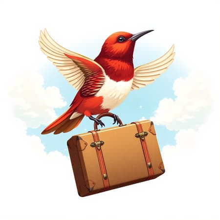 A logo for a travel website featuring a crimson bird with ivory wings gracefully clutching a vintage suitcase, soaring through a serene azure sky accented with fluffy white clouds. The artwork is intricately detailed and reminiscent of Beatrix Potter's charming style, with a touch of elegant cottage core aesthetic. Rendered in ultra-high detail, capturing an angle of 45 degrees to enhance depth and dimension.