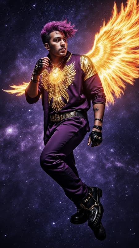 Ethereal cosmic superhero, majestic African-American male figure, 8k ultra-detailed portrait, muscular athletic build. Dynamic fade Mohawk hairstyle with obsidian waves, undercut sides, cascading front locks draping dramatically over one eye while defying gravity with ethereal flame effects, golden-orange fire wisps emanating from hair. Mesmerizing violet-amethyst eyes with luminous stellar glow, dramatic kohl eyeliner emphasizing high cheekbones and sculpted features, soul patch beneath full lips, precise thin handlebar mustache. Flowing dark violet jumpsuit with metallic chrome yellow-gold piping creating dramatic light trails, cyberpunk aesthetics, loose dramatic folds. Prominent metallic gold phoenix emblem on chest, wings spread majestically, intricate detail work. Black leather fingerless gloves with reinforced knuckles, wide black leather belt with polished gold grommets. Pleated tapered pants with neo-Tokyo streetwear influence, distressed black suede boots with decorative gold-grommet straps. Dynamic flying pose with arms extended, massive incandescent golden phoenix wings emerging from arms, trailing cosmic fire. Backlit by nebulae and spiral galaxies, dramatic rim lighting, volumetric space dust, lens flares from distant stars. Cinematic composition, dramatic angle, octane render, hyperrealistic detail, ethereal atmospheric lighting, cosmic energy effects.