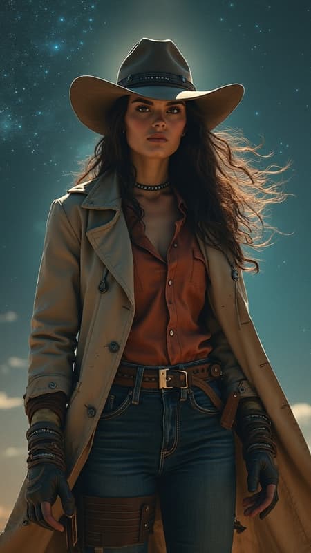 In the vast expanse of space, an adventurous Space Cowgirl commands attention, her presence a mesmerizing juxtaposition of raw frontier spirit and futuristic innovation. She wears a rugged, weathered trench coat that cascades dramatically around her, while her iconic cowboy hat casts a mysterious shadow across her intense, unwavering eyes. With deft hands, she effortlessly balances the forces of technology and nature—a testament to her mastery and resilience. Stars streak by like vivid brushstrokes across the cosmos, and distant galaxies paint a breathtaking celestial tapestry behind her. In this iconic snapshot of timeless adventure, the Space Cowgirl embodies a compelling narrative of courage and exploration, carving her legend among the stars.