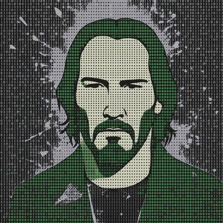 A minimalist vector illustration of Keanu Reeves formed by simple green dots, arranged to create his likeness, set against a dynamic splashed black matrix background. The design focuses on simple shapes and clean lines, embodying a minimalistic style with a distinct 9:16 aspect ratio, while incorporating small creative twists to enhance the visual impact.