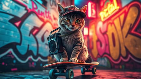 Cyberpunk aesthetic featuring a cat confidently perched on a skateboard, sporting a backwards baseball cap and holding a vintage boombox on its shoulder. The scene bursts with vibrant, neon colors against a graffiti-clad urban backdrop, exuding an edgy yet playful ambiance. The intricate detailing captures the feline's mischievous expression amidst swirling street art. Enhanced with a wide-angle perspective in 8K resolution using Octane render and Ray-tracing with HDR10, the composition seamlessly blends technology and artistry into a captivating visual narrative.