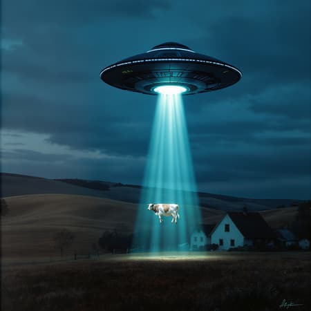 A surreal landscape unfolds with a cow gently levitating in a luminous beam emanating from a sleek UFO hovering in the twilight sky above. The scene is set near a serene rural farmhouse nestled amidst rolling hills. Ethereal light bathes the landscape, blending photo-realistic details with dreamlike fantasy elements. The atmosphere evokes a sense of zen tranquility, reminiscent of Die Brücke's bold expressionism yet softened with surreal, imaginative touches. The fictional setting seamlessly integrates an otherworldly charm, casting a spell of wonder and curiosity in a visually captivating narrative.