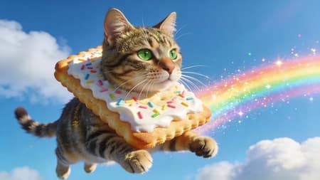 Photorealistic image of a Nyan Cat, a tabby cat with green eyes and whiskers, flying through a bright blue sky. The cat is integrated into a pop-tart with white frosting and colorful sprinkles. A vibrant rainbow trail, sparkling with light, streams behind the pop-tart. The cat is looking slightly to the right with an alert expression. Soft, natural sunlight illuminates the scene, casting subtle shadows and highlighting the cat's fur. Fluffy white clouds are visible in the background, adding depth. High detail, vibrant colors, magical, whimsical.