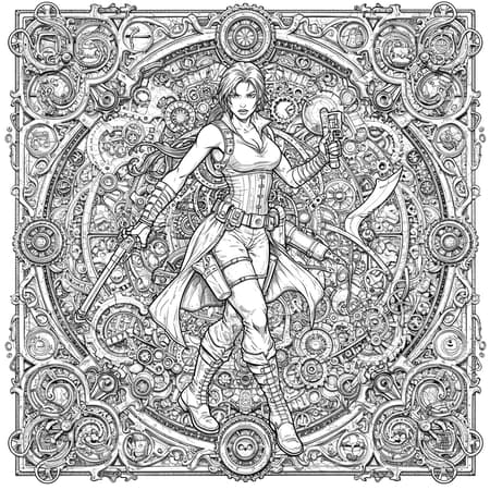Steampunk-inspired vector illustration of a Lara Croft-like adventurer, intricately detailed in a comic style reminiscent of Jim Lee's work, showcasing elaborate gears and Victorian-era attire in a monochrome palette.