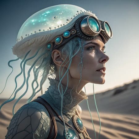 Ethereal cyborg woman, bioluminescent jellyfish headdress. Steampunk goggles blend with translucent tentacles. Cracked porcelain skin meets iridescent scales. Mechanical implants and delicate tendrils intertwine. Human features with otherworldly glow. Dreamy aquatic hues contrast weathered metal. Reflective eyes capture unseen worlds. Soft bioluminescence meets harsh desert backdrop. Fusion of organic and synthetic, ancient and futuristic. Hyper-detailed textures, surreal atmosphere.