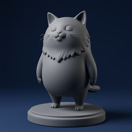 A stylized 3D-rendered sculpture of a plump, whimsical cat standing upright on a round pedestal. The model features a soft, clay-like texture with subtly visible polygonal edges, enhancing its wireframe overlay appearance. The cat sports a peaceful expression with gently closed eyes, slightly exaggerated ears, and a luxuriously bushy tail. Rendered in a smooth, matte charcoal material against a deep midnight blue background, perfect for digital modeling or character design exhibition.