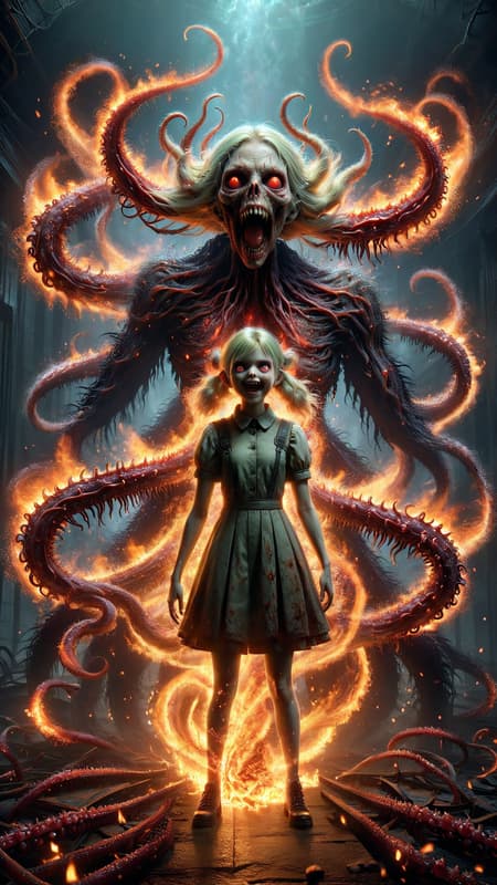 Horror. A Lovecraftian nightmare, an escaped demon from another dimension/reality. She appears as a young blonde child of elementary school age with rosy cheeks and pigtails.... DO NOT BE FOOLED. Her true form is a being with dozens of flaming red eyes, dozens of long flaming black tentacles, and a gigantic mouth full of rows of razor sharp teeth. If you look in her mouth, you can see the flames of Hell burning within. She is a soul devourer that feeds on the bodies and souls of unrepentant people--- murderers, molesters, drug dealers, etc. She adopts her human form to get families to adopt her from various orphanages. Once they do, she destroys them from within, feeding on the worst of them. If she picks you, it's already too late... 