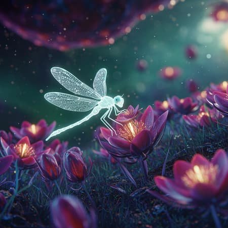 In a breathtaking scene on a mysterious alien planet, the central focus is a wide-winged, crystalline, and luminescent extraterrestrial dragonfly, gracefully indulging in the aroma of blossoms among the vibrant alien flora. This remarkable image is captured with a Canon EOS R6 mirrorless camera paired with an RF 100mm f/2.8L Macro IS USM lens, celebrated for its pristine sharpness and exceptional color representation. The camera settings are precisely adjusted to highlight the extraordinary allure of the alien dragonfly and its captivating environment: an aperture of f/4, ISO 400, and a shutter speed of 1/800 sec. The ethereal light from the planet's atmosphere infuses the scene with a spectrum of brilliant colors, casting a mesmerizing glow on the translucent dragonfly and enhancing the vivid hues and exotic shapes of the alien flora. This enchanting image transports viewers to an unexplored world filled with wonder, mystery, and the boundless beauty of the cosmos.