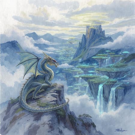 A magnificent Dragon rests atop a rugged mountain peak, gazing over an enchanting valley filled with levitating isles and cascading waterfalls, bathed in the ethereal glow of luminescent flora. The scene breathes an air of age-old mystery and awe, captured with watercolors on textured paper, evoking a timeless sense of wonder in an otherworldly landscape.