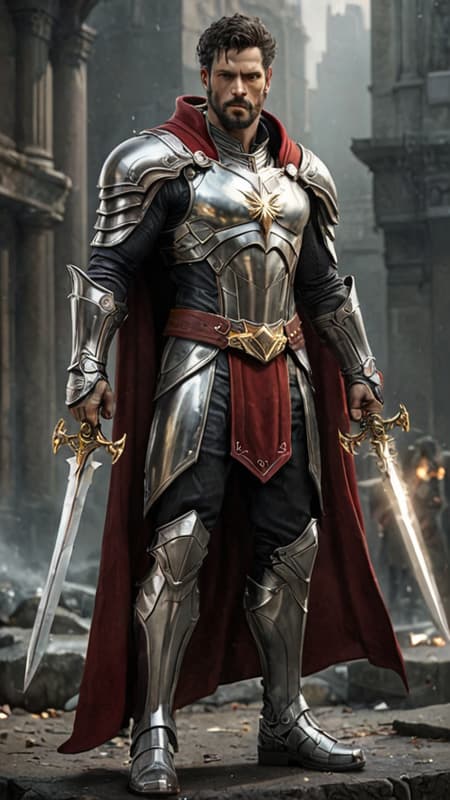 Sci-Fi, Futuristic Super-hero , Christian mystic, modern-day Knight/warrior. He lives in an ultra-futuristic society, but he can see dark forces that most people don't, and he has the power and might to fight against them! He can do everything a wizard does, but it's his faith in God that empowers him. He is invulnerable to most harm, and he carries a long golden glaive with a huge shining white gem. This gem shines with holy light and drives away shadows and demons, or destroy them if needed. It also has a sharp tip that he can use as a weapon like a spear.
Tall, strong, muscular, wide shouldered, broad backed, narrow waist, sinewy, hairy chest and legs. Caucasian male of Mediterranean descent, short curly black hair cut extremely short on the sides and back. He wears a thick silver circlet around his head. Strong brow and jaw, intense Hazel eyes. Full well-trimmed beard and mustache. Shiny silver pauldrons on shoulders, shiny silver armor- chestplate and abs, a white diamond Cross on the chestplate, a Star-of-Bethlahem in white crystal embedded within the Cross. He has glowing red glyphs on his armor. He is shirtless under his armor. Scarlet red pants with shiny silver thigh and shin guards on the legs, metallic silver boots to complete the armor. There are red glyphs on the boots. Long Scarlet wizard's cape with thick silver trim around the edges, Christian symbols of protection embedded within the silver trim. His arms are bare, but he does wear silver gloves with shiny red bracers on his arms. Full body pose, arm with glaive raised in defiance, hair under his arm visible and thick. Sci-Fi, Futuristic Super-hero , Christian mystic, modern-day Knight/warrior. He lives in an ultra-futuristic society, but he can see dark forces that most people don't, and he has the power and might to fight against them! He can do everything a wizard does, but it's his faith in God that empowers him. He is invulnerable to most harm, and he carries a long golden glaive with a huge shining white gem. This gem shines with holy light and drives away shadows and demons, or destroy them if needed. It also has a sharp tip that he can use as a weapon like a spear.
Tall, strong, muscular, wide shouldered, broad backed, narrow waist, sinewy, hairy chest and legs. Caucasian male of Mediterranean descent, short curly black hair cut extremely short on the sides and back. He wears a thick silver circlet around his head. Strong brow and jaw, intense Hazel eyes. Full well-trimmed beard and mustache. Shiny silver pauldrons on shoulders, shiny silver armor- chestplate and abs, a white diamond Cross on the chestplate, a Star-of-Bethlahem in white crystal embedded within the Cross. He has glowing red glyphs on his armor. He is shirtless under his armor. Scarlet red pants with shiny silver thigh and shin guards on the legs, metallic silver boots to complete the armor. There are red glyphs on the boots. Long Scarlet wizard's cape with thick silver trim around the edges, Christian symbols of protection embedded within the silver trim. His arms are bare, but he does wear silver gloves with shiny red bracers on his arms. Full body pose, arm with glaive raised in defiance, hair under his arm visible and thick.