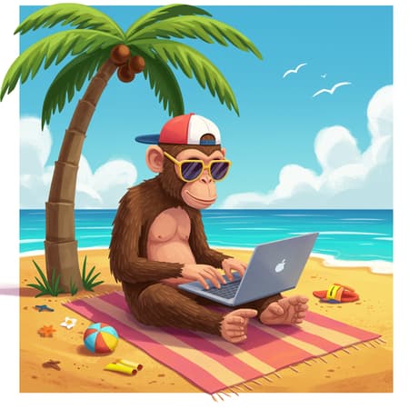 Illustration of a clever monkey wearing sunglasses and a cap, sitting on a colorful beach towel, typing away on a laptop under the shade of a palm tree, surrounded by vibrant beach scenery with the ocean in the background, coding exciting AI applications with bright, dynamic colors in a playful, vector art style.
