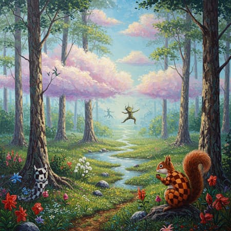 Oil painting, mystical forest, Spellbinding hues of cotton candy clouds, Magical woodland with sparkling rivers, Surreally interdimensional realm with hovering tree men, Delightfully whimsical atmosphere with checkered squirrels, Artistic details of a dynamic paint palette::3 chromatic::3 fractal blooms::3 panoramic perspective::3.