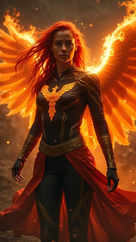 Phoenix/Jean Grey in her Phoenix costume, but it's dark black with metallic gold, a golden fiery falcon symbol on the front of her costume,  the sash around her waist blowing in the cosmic winds. She is surrounded by her fiery Phoenix raptor/falcon aura, she is within the firebird . Her eyes are lit up like stars. Her hair is beautiful red flames, flaring out. Full body pose. She is in space, on the edge of a galaxy. 