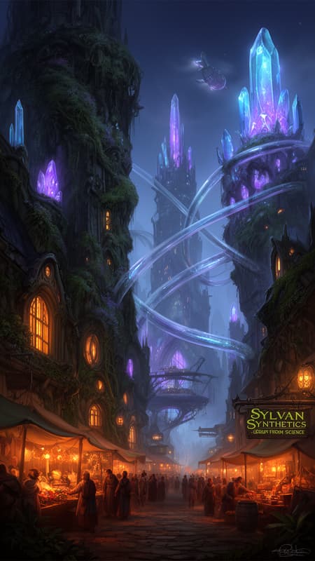A Vibrant, Fantastical City Nestled A vibrant, fantastical city nestled in towering, moss-covered structures, with a bustling market street in the foreground. The art style is digital painting, highly detailed and illustrative. Nighttime lighting creates a magical, mysterious mood, with glowing ethereal blue and purple light emanating from crystal spires and transparent tubes crisscrossing the city. Warm orange light spills from windows and marketplace stalls. The atmosphere is enchanting and lively, with a rich blend of bioluminescent elements and traditional fantasy architecture. Notable details include flying skyships, intricate organic architecture, and a sign reading "SYLVAN SYNTHETICS - GROWN FROM SCIENCE".