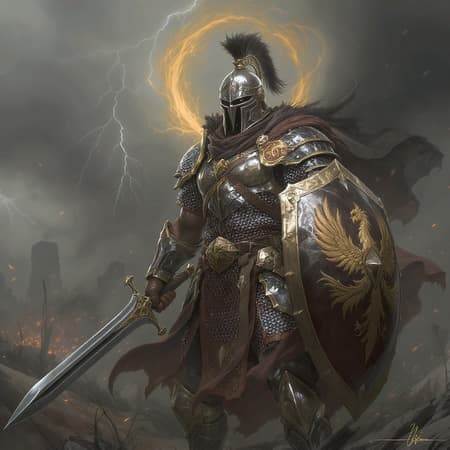 Create a poster design featuring a highly detailed illustration of a warrior from ancient times, capturing the essence of historic battles. The scene should evoke a sense of grandeur and bravery, depicting the warrior in full battle gear, set against an atmospheric backdrop that hints at the intensity of old wars. Include intricate elements that reflect the era's armor and weapon craftsmanship. The composition should focus on a vertical aspect ratio, emphasizing the commanding presence of the warrior. Add subtle creative touches that give the artwork a unique twist while maintaining the core theme of a historical warrior.