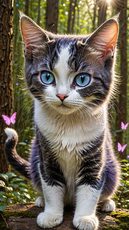 I see faeries. MEOW. She is a beautiful magical cat that walks between Earth and The Faerie Realm. She has powers that no other cat has: she can spit sparks when in danger to protect herself. Her little eyes shine like flashlights in the dark.  She can teleport from one place to another in a cloud of glitter.  She's telepathic and telekinetic. And most of all....she sees faeries. She plays with the sprites and pixies through sunlit glens and woods. The sprites shine like little stars, and the pixies leave trails of sparkly glitter. They play happily with each other, the cat and her tiny little friends. 
She's a short haired black cat with s white face a a white tipped tail. bright happy periwinkle eyes, and a pink heart-shaped nose. When no one is looking, the cat will sometimes sprout a pair of shiny iridescent butterfly wings and go flying with her faerie friends. Full body pose, smiling and playful. 