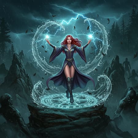 Art inspired by Robert Maguire, embodying a masterpiece of high-quality design featuring a stunning pinup model with luminous skin under soft lighting. She stands atop a windy mountain, clad in a wizard's robe amidst a stormy backdrop. The scene is captured in sharp focus, highlighting a fantasy wizard casting a spell with swirling water enveloping her, while electricity sparks all around. Pillars of rock emerge from the earth as a storm rages, with powerful winds scattering leaves in her vicinity. A glowing magical circle forms at her feet with potent runes, as shadowy figures lurk in the backdrop of a dark forest. Creative liberties have been taken to refine anatomy, ensuring natural limb placement and enhancing the mythical atmosphere without distorting bodily form.