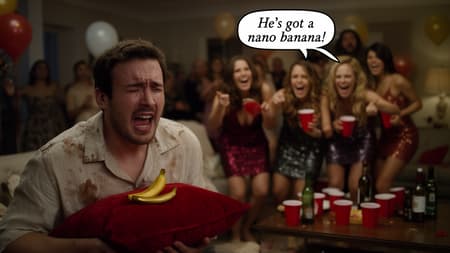 Photorealistic image of a man crying uncontrollably in the foreground, holding a red velvet pillow with a tiny golden banana on it. He wears a stained, light-colored button-up shirt. In the midground, a group of five attractive women in party dresses are laughing uproariously and pointing at him, some holding red cups. A speech bubble above them reads: "He's got a nano banana!" The background shows a dimly lit house party with many blurred people, balloons, and scattered red cups and bottles on a coffee table. The lighting is warm and indirect, creating a somber mood for the man and a jovial, mocking atmosphere for the women. Colors are muted but with pops of red and golden accents.
