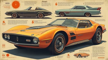Retro-futuristic cars illustration in the style of an intricate and highly detailed infographic, reminiscent of those found in vintage Popular Mechanics magazines. This digital art piece combines concept art and digital painting techniques, presenting cars with a nostalgic yet futuristic design. The artwork features a multitude of intricate details that highlight the elegance and innovation of retro-futurism, while maintaining