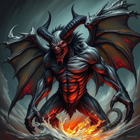 Demon Stands Amidst Art A malevolent demon stands amidst a swirling tempest, its twisted form a tapestry of sinew and shadow. The creature's skin is mottled and cracked, a patchwork of scales and scars that tell tales of centuries-long battles. Horns curl menacingly from its brow, black as the void, while eyes burn with an infernal glow, casting haunting reflections on its jagged visage. Its wings, tattered yet immense, unfurl around it like a storm, each feather etched with arcane symbols that pulse with arcane energy. The chaotic brush strokes capture the essence of rage and torment, with thick, bold lines depicting the brute strength and savage grace of its muscular form. A palette dominated by deep crimson and obsidian, punctuated by flashes of sickly yellow and ghostly white, creates stark contrasts that heighten the sense of movement. Shadows dance around its figure, adding to the drama, as if the very air around it writhes in dread. The scene is a symphony of chaos, a dynamic composition that draws the viewer into a world where nightmares walk with impunity, and the borders of reality unravel into madness.