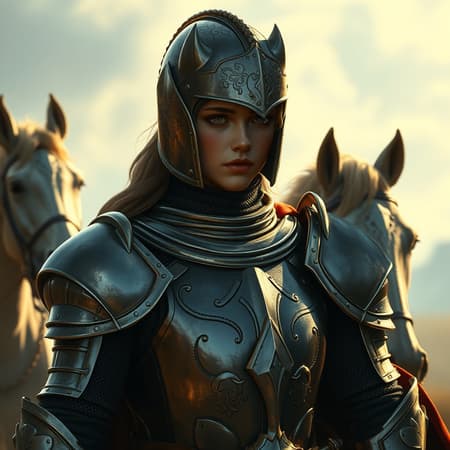 A wandering knight on a mystical journey, set in a medieval fantasy world, crafted with digital art showcasing intricate details and masterpiece quality, clad in full shining armor. The scene captures the essence of an RPG adventure with cinematic lighting enhancing the medieval ambiance. The knight, standing strong with a sense of purpose, reflects both masculine and feminine features, suggesting a complexity of character. Alongside them, a majestic horse stands, ready for the path ahead. The knight's helmet gleams under the soft light, giving a glimpse into the trials faced. The artwork maintains clarity, avoiding any distortions or artifacts, while every element - from the knight's resolute expression to the finely detailed armor - adds depth to this epic visual narrative.