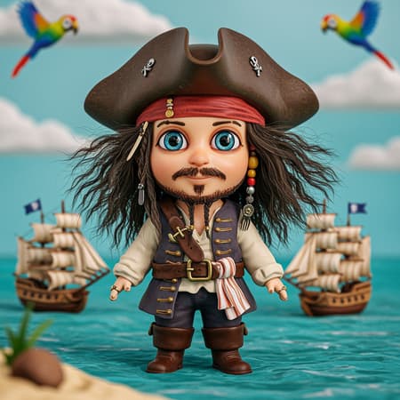 Adorable miniature pirate with wild hair, playful eyes, and a mischievous grin, dressed in a tiny pirate outfit complete with a mini tricorn hat, inspired by Jack Sparrow, surrounded by a whimsical sea setting featuring tiny ships and colorful tropical birds.