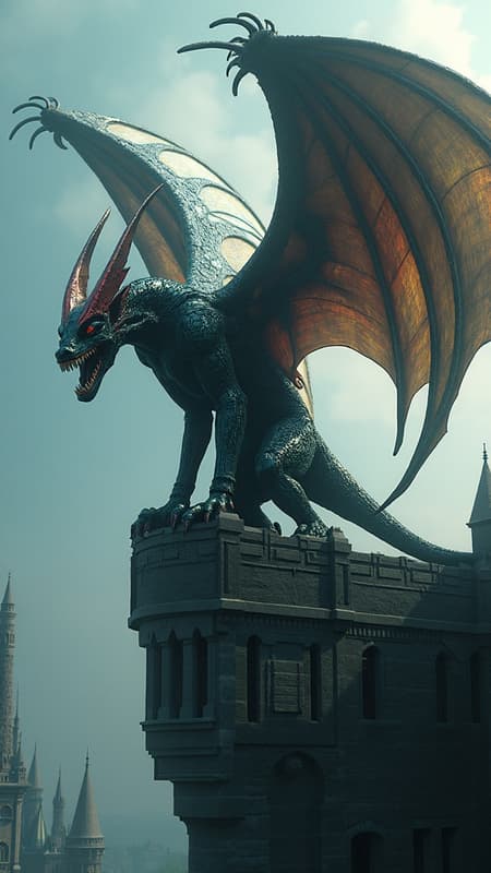 A stunningly intricate gargoyle with expansive, majestic wings, exuding strength and extraordinary beauty, is poised elegantly atop the roof of an enormous, dark Gothic castle. The character concept art presents this creature in a creative and expressive manner, showcasing a highly detailed and colorful anatomy. The digital artwork, produced with Adobe Photoshop and 3D Studio Max using V-Ray, captures the unique, professional, and award-winning quality expected of the glibatree style. This concept offers a well-developed personality and a consistent style, embodying the vision of Artificial Nightmares, while maintaining unity throughout its design.