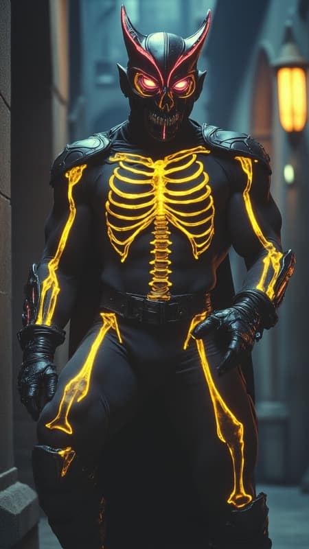 Super-hero, vigilante anti-hero, spooky. cinematic composition, urban noir atmosphere. Athletic Caucasian male, muscular husky build, 5'10", wearing a formfit spandex tactical stealth suit in matte black nano-fabric. Ornate yellow-gold skeleton graphic design overlay across limbs, anatomically accurate bone patterns with glow-in-the dark. Yellow-gold combat boots rising to knees with aggressive V-cutout, deep crimson titanium toe caps. Armored gauntlets in metallic yellow-gold reaching elbows, featuring crimson finger-tips with retractable diamond-tipped claws. Custom electroshock weapon system generating vivid red lightning effects, 32k resolution electricity details.

Chest armor features intimidating demon-face design: yellow-gold base with cut-out revealing matte black underlayer forming ribs, centered by menacing grin with sharp blood-red metal teeth. Upper chest includes glowing crimson LED eye shapes, shoulders sculpted into sharp horn-like points. Tactical neck guard in stealth black nanoweave, flowing into yellow-gold face mask with aggressive V-shape design. Mask features geometric black jaw section and prominent crimson V-shaped visor with internal illumination, creating threatening eyes effect. Modern  short fade hairstyle with dark brown top length styled sideswept. 

Dynamic pose showing figure perched on gothic architecture, photographed from dramatic low angle. Moody nighttime urban setting with neon accent lighting, volumetric fog effects. Ray-traced reflections on metallic elements, cinematic color grading emphasizing deep shadows and selective highlights. Photorealistic materials and textures, 8k resolution, octane render, ultra-detailed, studio lighting with practical effects.