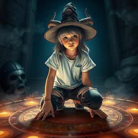 A detailed depiction of a young girl wearing a casual outfit, featuring a punk-style T-shirt, paired with charmingly torn legwear. She wears an enchanting witch hat and is captured while kneeling in a mystical summoning circle. The perspective is from below, capturing her as the focal point. The scene is illuminated with a volumetric lighting effect, adding a magical atmosphere. Adding to her mystique, she sports a crown and horns. The background includes elements of abstract design like a helmet. The image should avoid elements such as low resolution, unwanted text or signatures, watermarks, or any design errors such as extra or missing limbs, digits, or distorted features, ensuring the portrayal is of high quality and clarity.